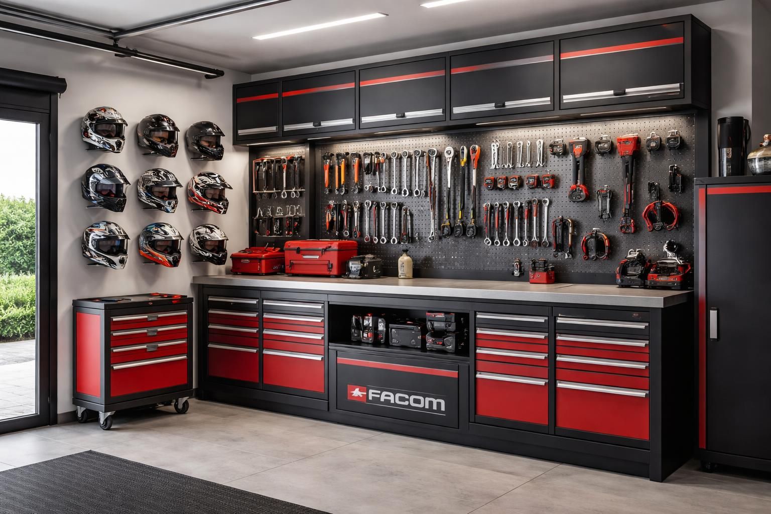 optimisez votre garage avec un établi facom robuste et un rangement mural pratique, idéal pour organiser vos casques de collection et gagner de l'espace.