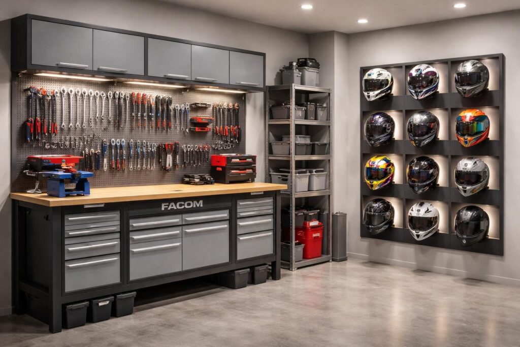 Aménager garage avec établi Facom et rangement mural pour casques collection