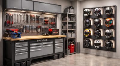 Aménager garage avec établi Facom et rangement mural pour casques collection