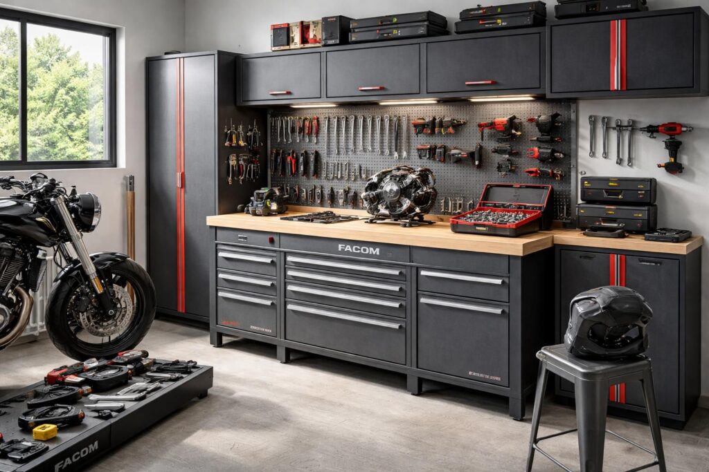 Aménager un atelier moto avec établi Facom et rangements modulables pour vos projets DIY