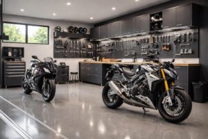 Aménager un garage moto stylé avec des rangements muraux Gedore et un sol résine époxy