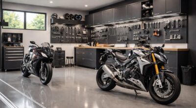 Aménager un garage moto stylé avec des rangements muraux Gedore et un sol résine époxy