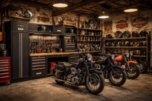 Créer un garage pour motards avec rangements Bihr et décoration Harley Davidson vintage
