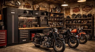 Créer un garage pour motards avec rangements Bihr et décoration Harley Davidson vintage