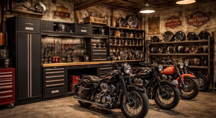 Créer un garage pour motards avec rangements Bihr et décoration Harley Davidson vintage