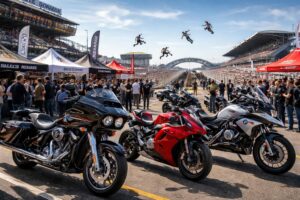 Forum moto avec spectacles de cascades Harley Davidson, BMW et Ducati au circuit du Mans