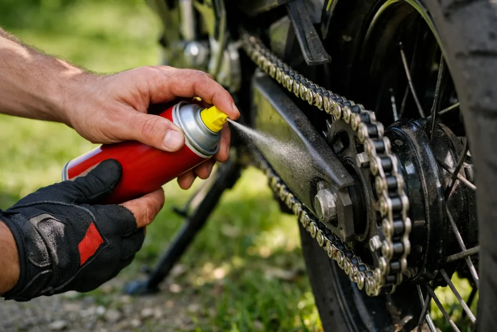 Graisser sa chaîne de moto : quand, avec quoi, sans béquille centrale